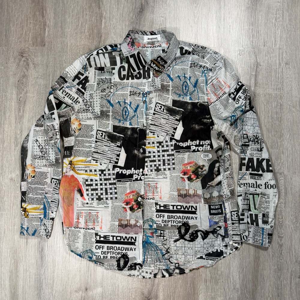 Womens Desigual Newspaper Print Long Sleeve Button Down Shirt XL